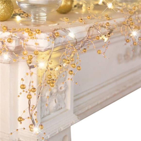 Indoor Christmas Decorations, Festive Lighted Berry Beaded Garland Gold 120" L - Picture 1 of 8